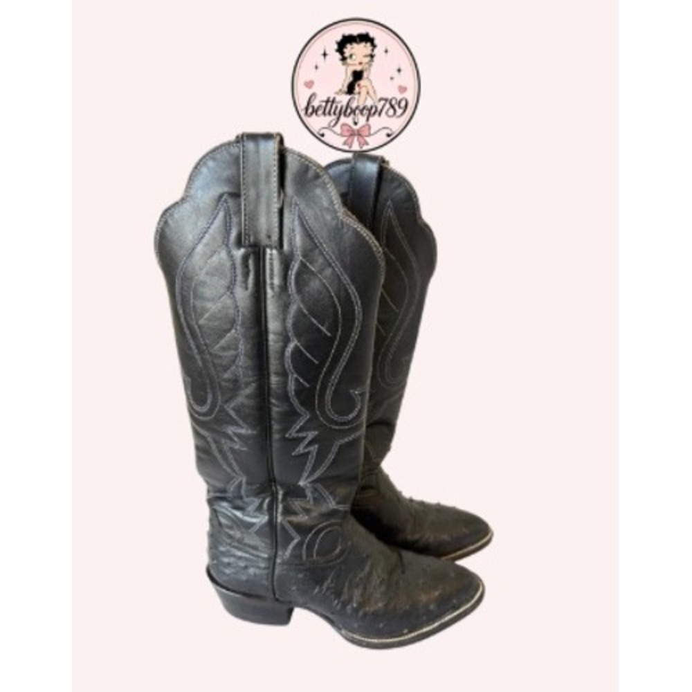 Mikeldi Black Ostrich Leather Western Cowboy Boots Womens 6.5 Pointed Toe Tall